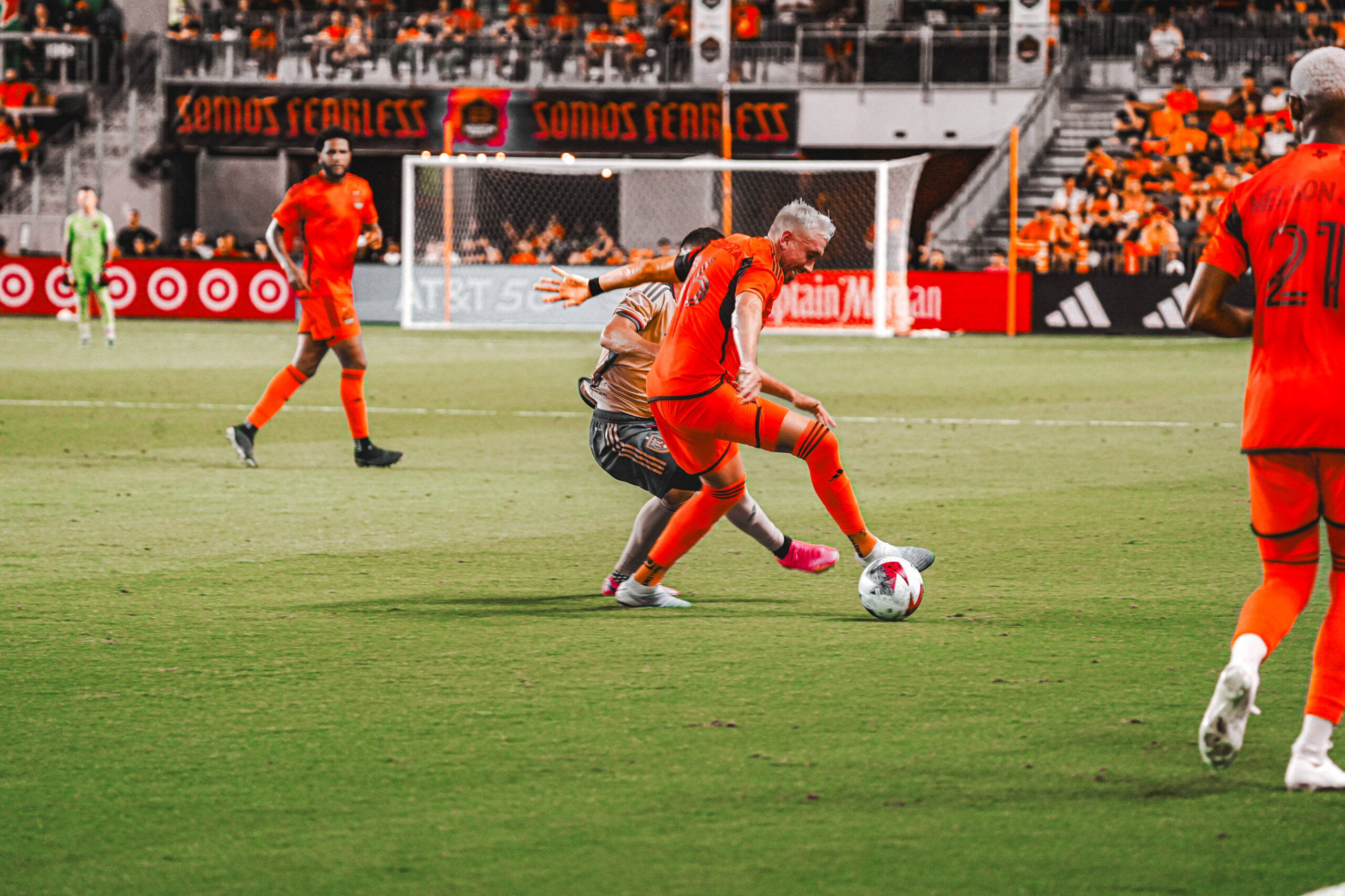 Hector Herrera, number 16 for Houston Dynamo, dribbling the ball during a playoff match against Real Salt Lake City at Shell Energy Stadium on October 29, 2023