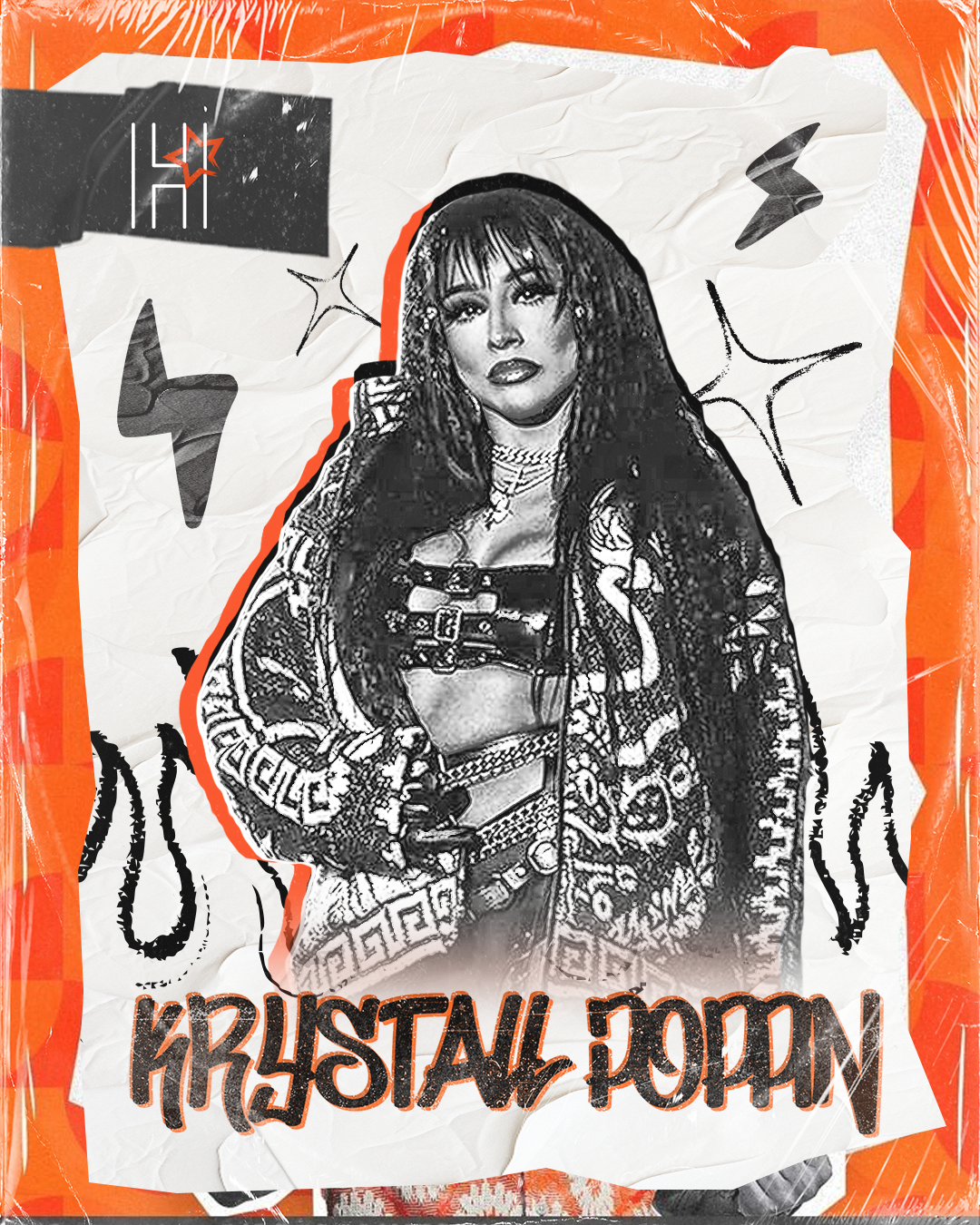 Krystal Poppin promotional graphic featuring her in a bold outfit with artistic elements and the Viva Houston logo in the background.