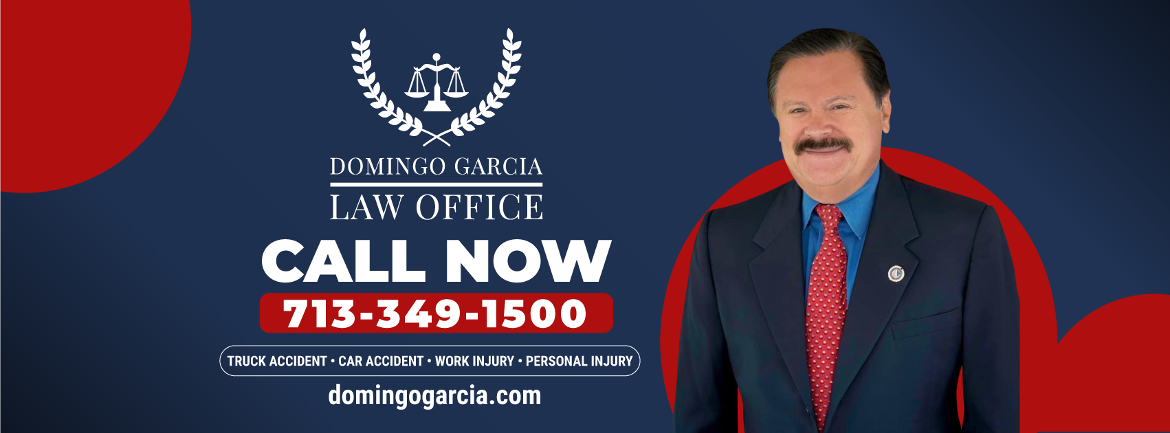 Attorney Domingo Garcia stands beside official sponsorship banner with contact info for personal injury law services
