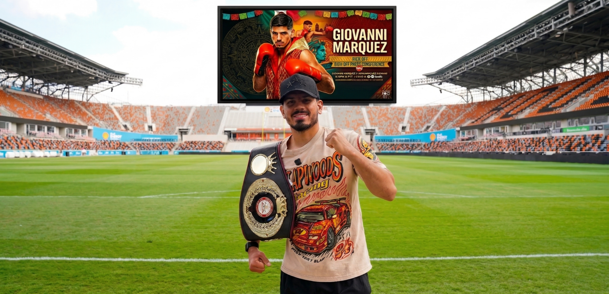 Giovanni Marquez at Shell Energy Stadium in Houston ahead of press conference April 4 2026